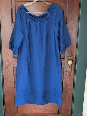 Boden Blue Smocked-Neck Linen Midi Dress